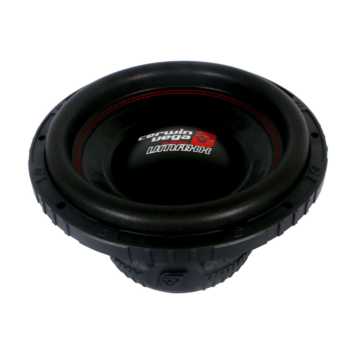 A black, circular VMAXX High Performance Subwoofer with a ridged rubber surround and central "Cerwin Vega! Mobile" dome. The "Vega Series" label is also visible, featuring a textured outer edge and robust industrial design.