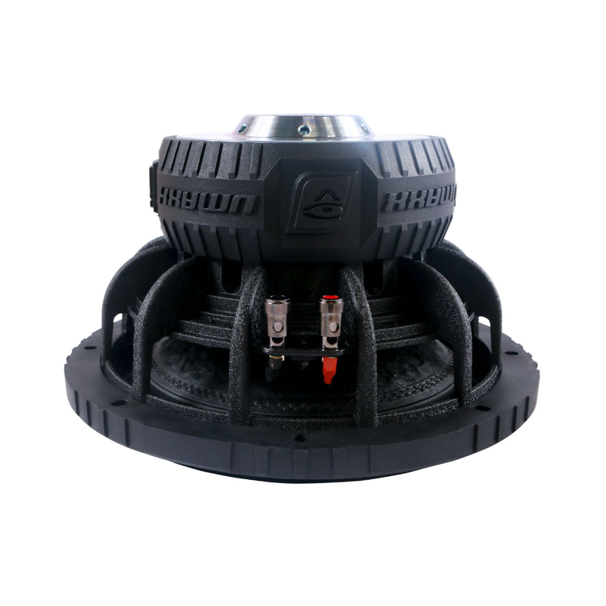 The rear view of the VMAXX High Performance Subwoofer showcases its robust design, featuring a large ribbed black surface, central metallic cone, and prominent red and black terminal connectors. Multiple support struts lead to its round base.