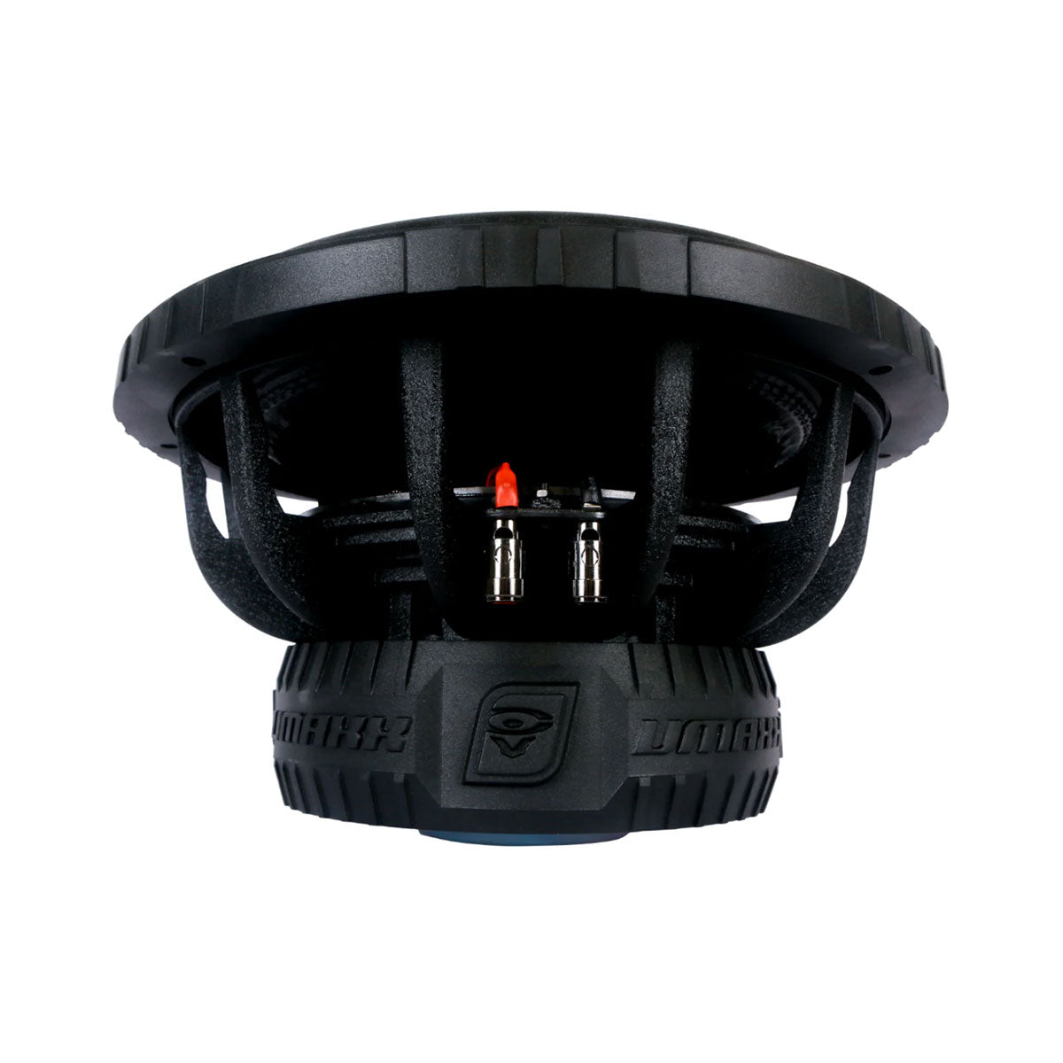 The VMAXX 15" DVC High-Performance Subwoofer (VMAX15D4) features a black rounded top, ridged edge, and a side view showing the metal frame with dual spring terminals, highlighted by a red tip. Its durable base is embossed with logos, designed for superior performance in car audio systems.