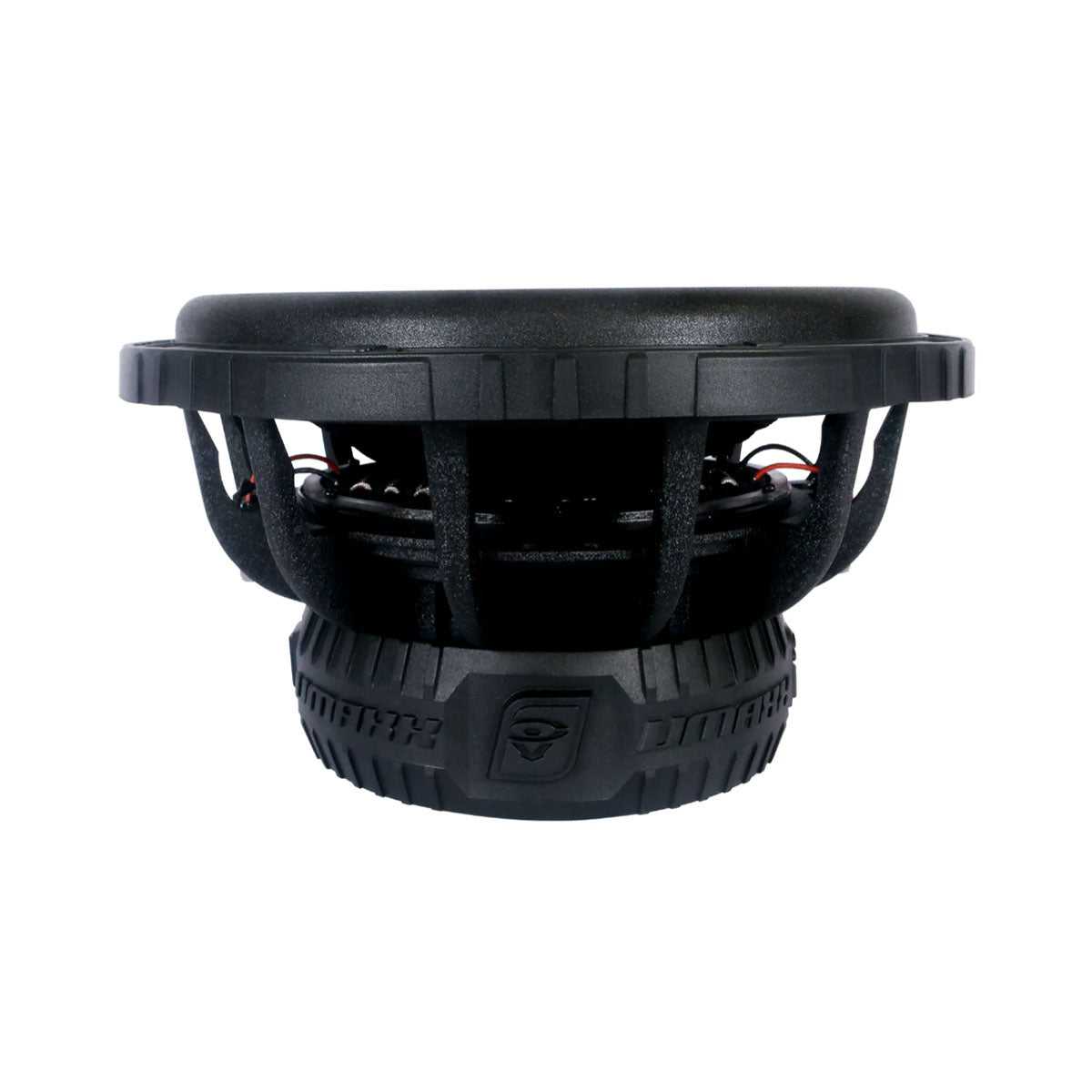 The VMAXX 15" DVC High-Performance Subwoofer (4Ω) - VMAX15D4 featuring a rugged circular design, sturdy grille, ribbed surround, and visible internal wiring is displayed against a white background, making it ideal for car audio enthusiasts. The textured base displays a subtle front logo.