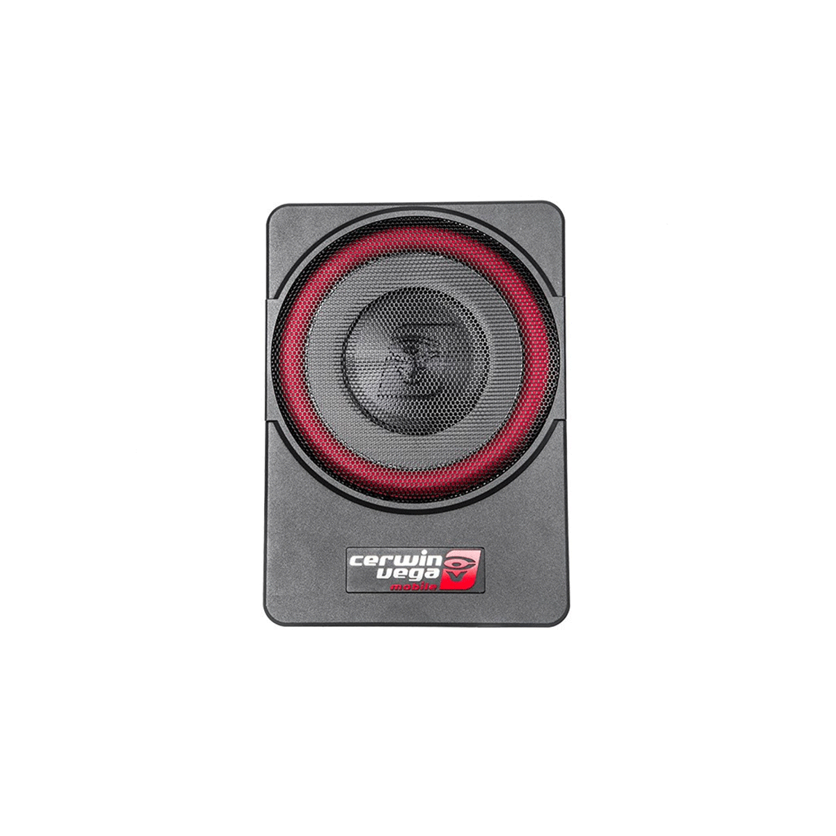 The VEGA 10" Vega Powered Active Subwoofer, part of the VEGA ACTIVE POWERED SUBWOOFERS line, features a rectangular black and red design with a circular red surround, a black mesh cover, and the brand's logo at the bottom.