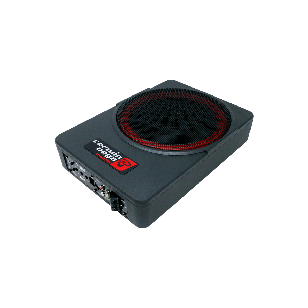 The VEGA 10" Vega Powered Active Subwoofer - VPAS10V2 is a compact black car subwoofer with a red-accented circular speaker, providing powerful sound. The front panel features versatile input/output ports, control knobs, and a "Crimson Legion" logo with a shield emblem for distinguished style.