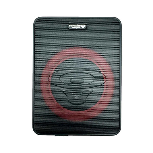 A black, rectangular speaker with a Captain America shield design on the front features red and black concentric circles and a star. Branded with the VEGA BASS logo, this product—Under-Seat Bass Solution with VEGA BASS - VPASV8—ensures seamless OEM integration for superior sound quality.