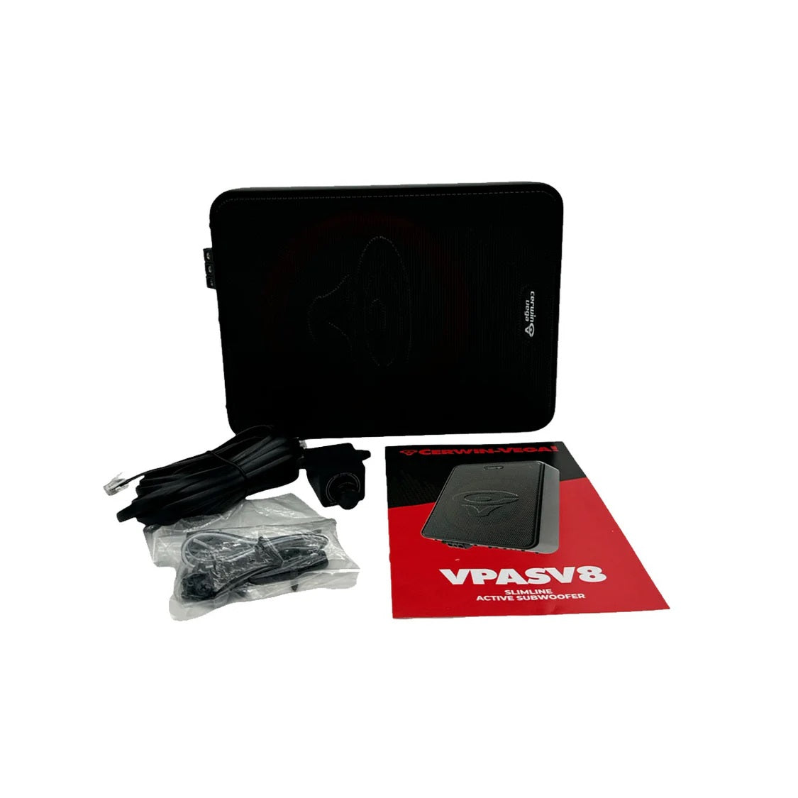 The image displays the VEGA Active Subwoofer package, featuring a sleek black subwoofer pad, a red and black "VPASV8" manual, a sealed plastic bag with screws, and a black cable with connector, all set against a white background.