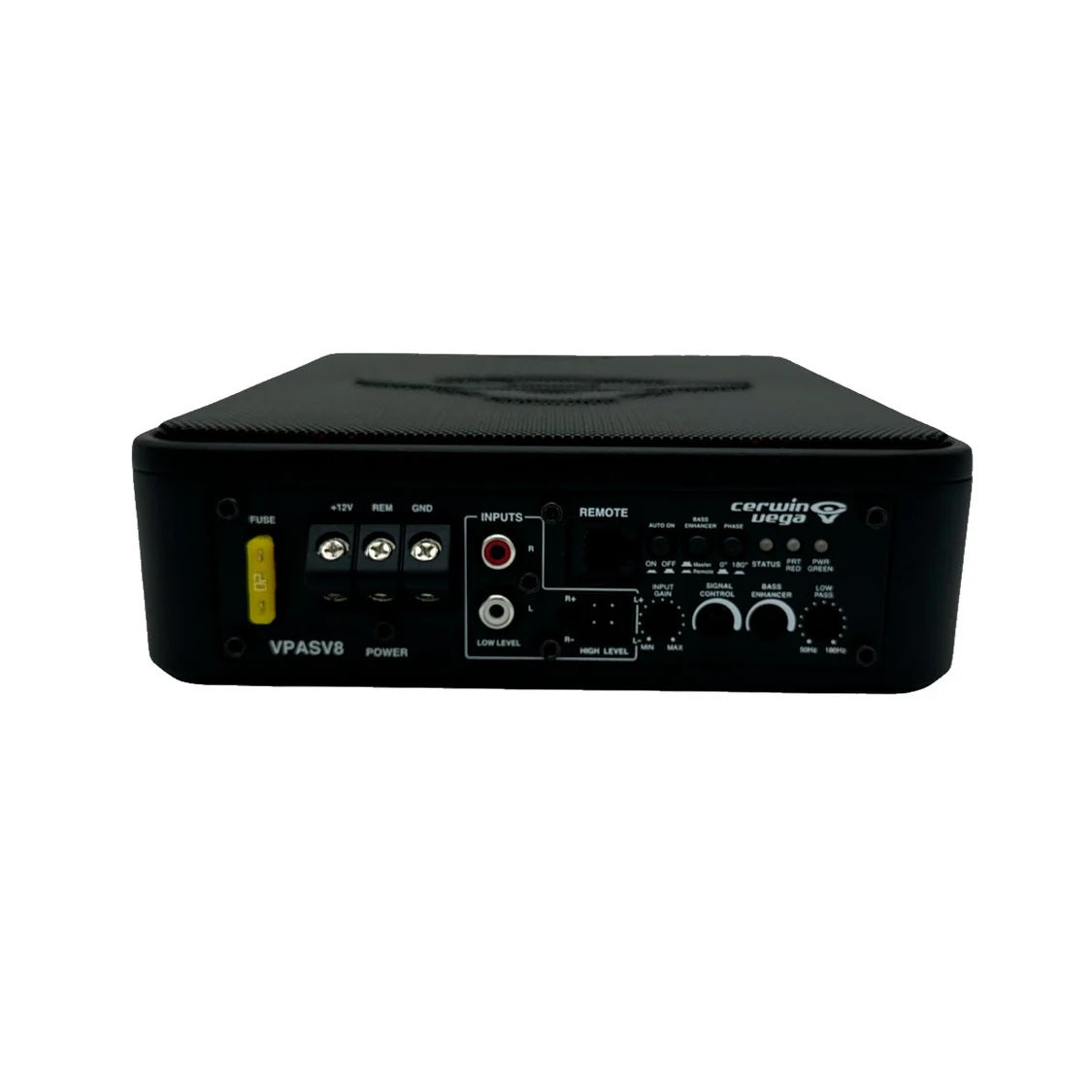 The black Under-Seat Bass Solution with VEGA BASS - VPASV8 features various front panel connectors and controls, including inputs, remote control, and power connections. Ideal for OEM integration, it boasts a "Cerwin VEGA BASS" logo and the fuse is located visibly on the left.