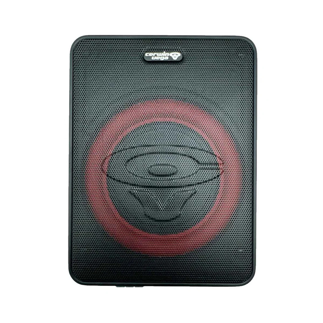 The VEGA Active Subwoofer showcases a rectangular design with a black mesh front and a red circular sound wave pattern. The "Crunch Drop" logo is at the top beside an emblem. It has rounded edges, modern aesthetics, and is set against a white background.