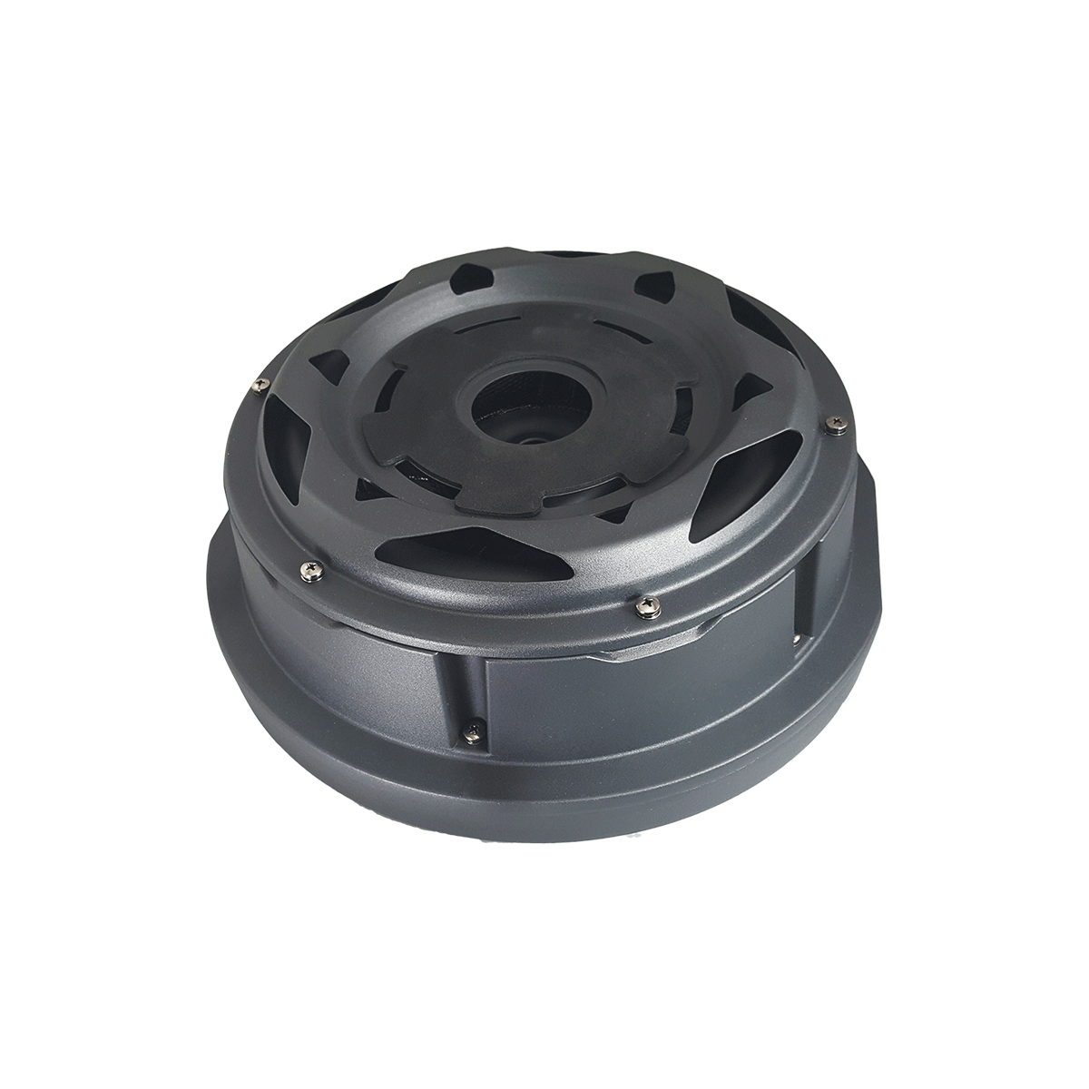 A round, black component with a central opening and radial cutouts; it has a smooth, cylindrical outer casing with evenly spaced screws around the rim. Appearing industrial, this object is the Spare Tire Subwoofer.