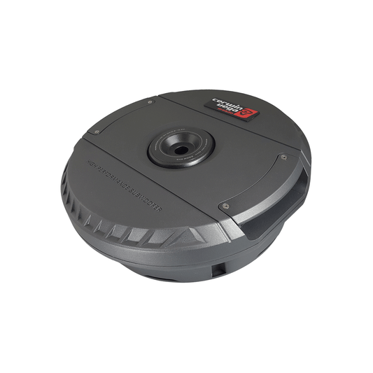 A round gray VEGA 12" Passive Slim Spare Tire Subwoofer (VS12SH) features a central circular component with ridged details. It boasts an "audio performance enhancer" text and a black and red "Sta" logo, standing out against a plain white background.