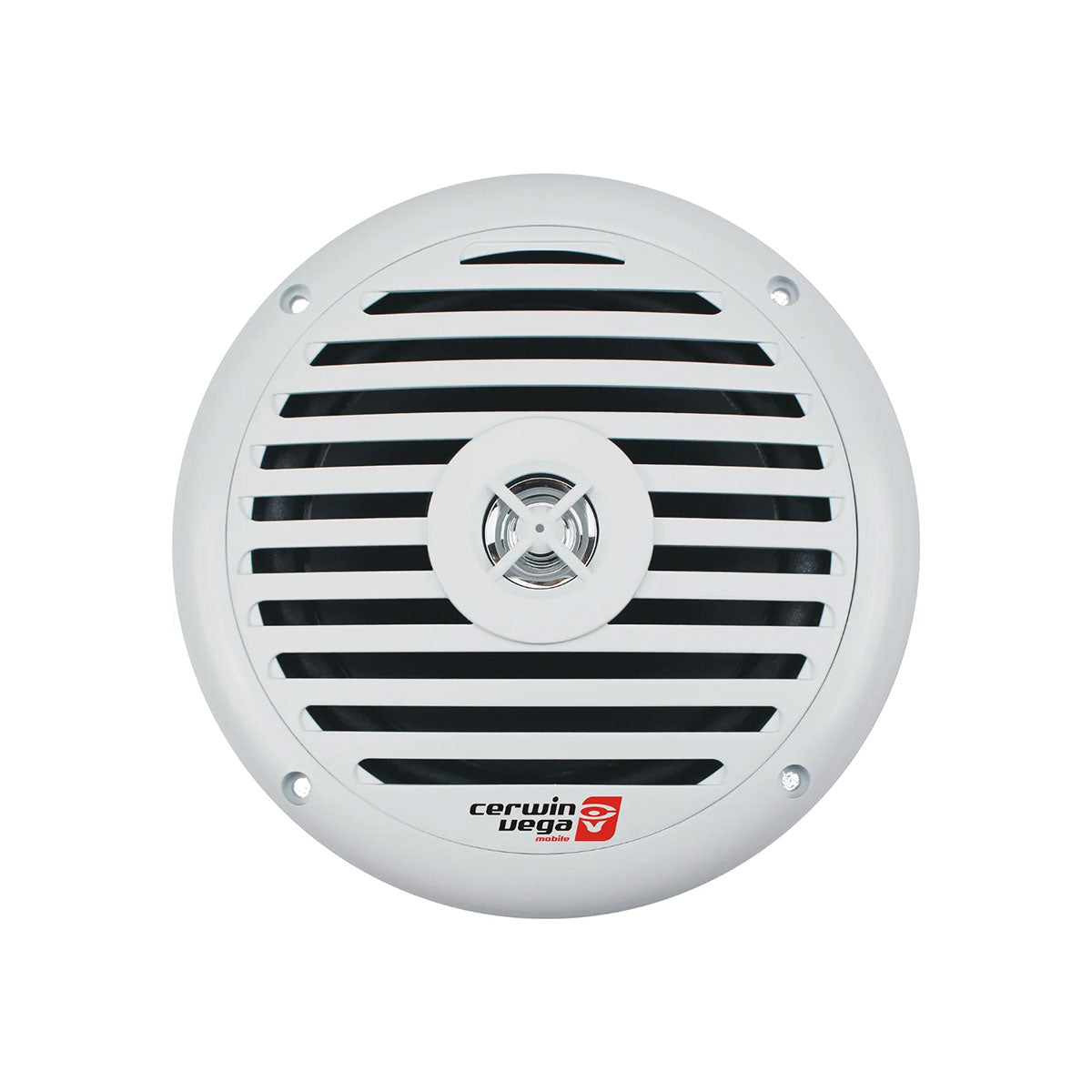 The RPM XED Marine Speakers are round and white with a black slatted grille and a central tweeter. They feature the "cerwin vega" logo and red emblem at the bottom, designed for marine environments to ensure a durable and polished appearance.