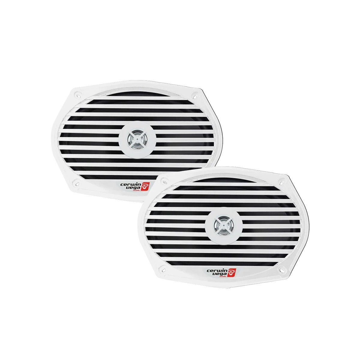 The RPM XED 6"x9" XM69W marine speakers, oval-shaped with black grill lines and Cerwin Vega logo, overlap slightly. Each coaxial speaker has a small circular center, and their UV-resistant design is highlighted against a plain white background.