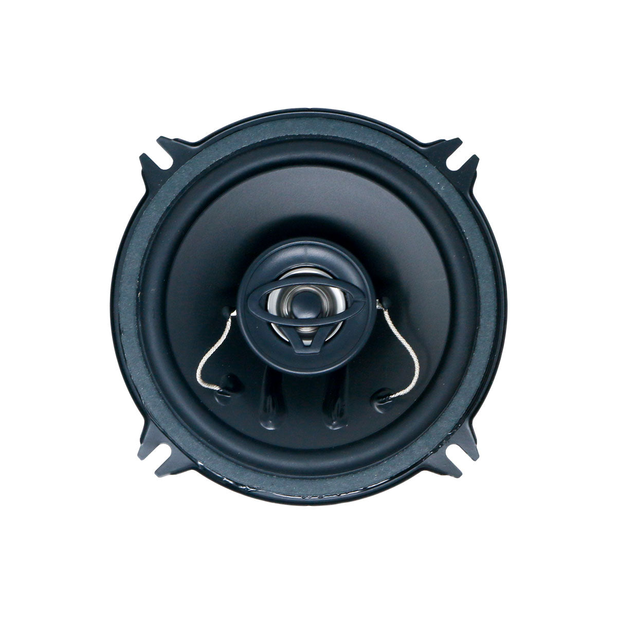 The Cerwin Vega XED Series 4" 2-Way Coaxial Speakers (XED42) feature a sleek black round design, ideal for car audio enthusiasts. With a central dome, circular grille, and metallic connectors, their smooth outer rim and mounting brackets enhance the style. Perfect for the Cerwin-Vega lineup.