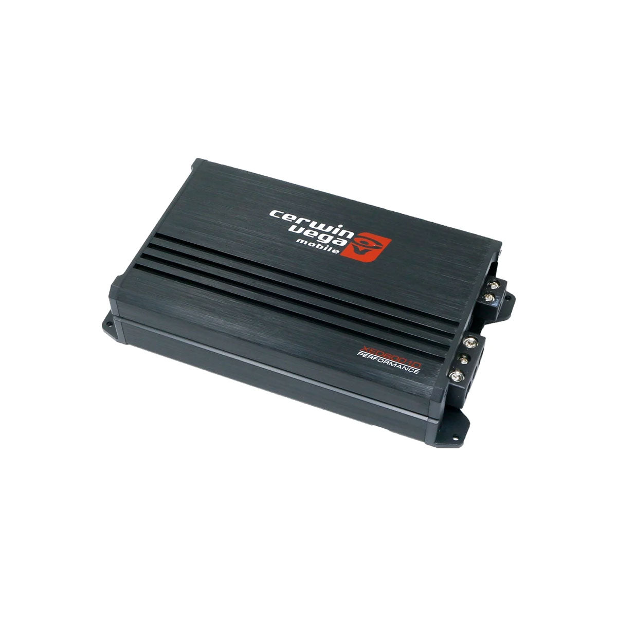 The XED6001D from the XED Series is a black Cerwin Vega 1-channel mono block Class-D amplifier featuring a ribbed top design and branded with "high performance" text. It offers side connection ports, ideal for boosting your car audio system.