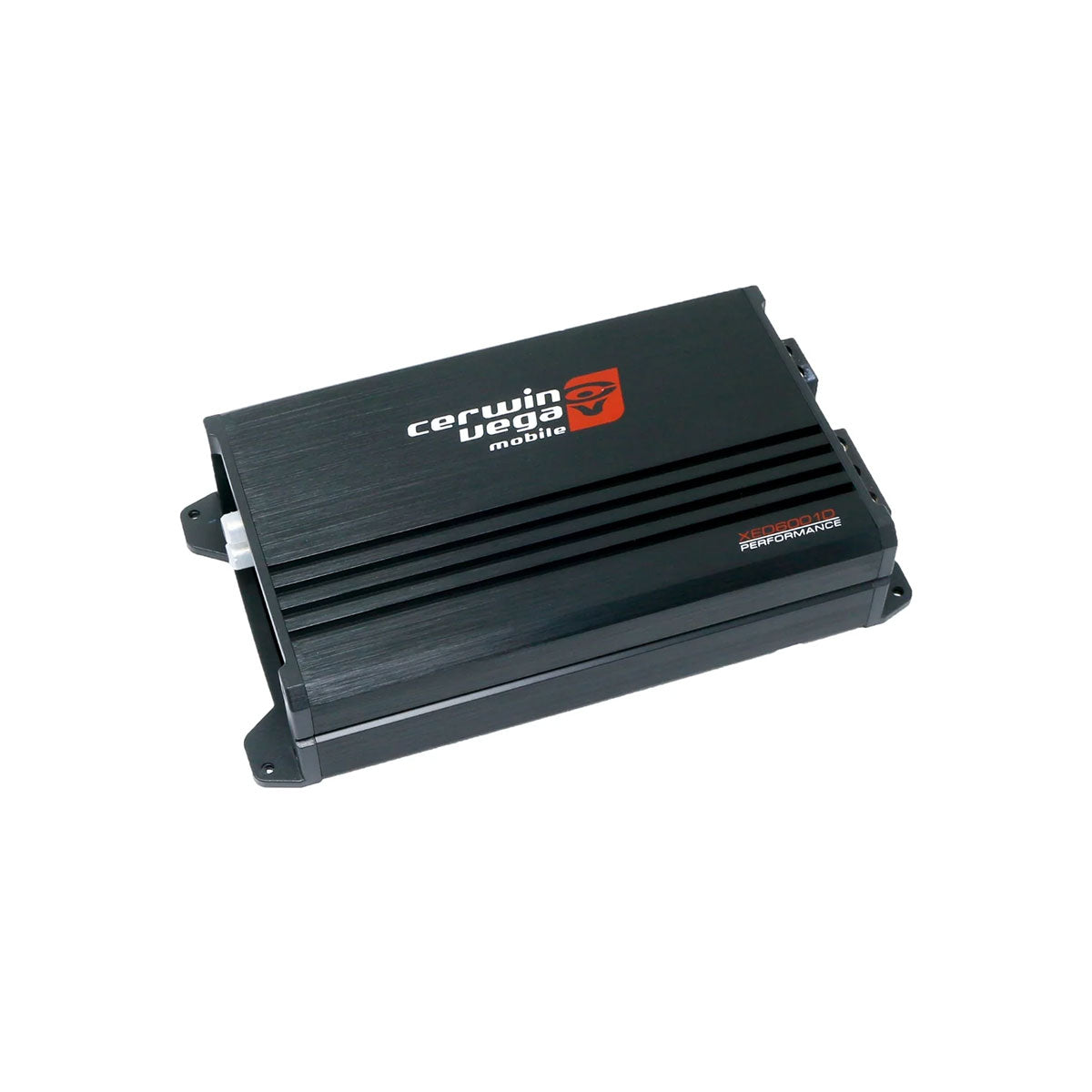 The XED Series 1-Channel Mono Block Class-D Amplifier (XED6001D) features a black design with ribbed texture and slanted edges. Displaying "Cerwin Vega Mobile" in white and red on top, it has corner mounting tabs and visible connection ports. Its compact, sleek Class D design enhances car audio systems.