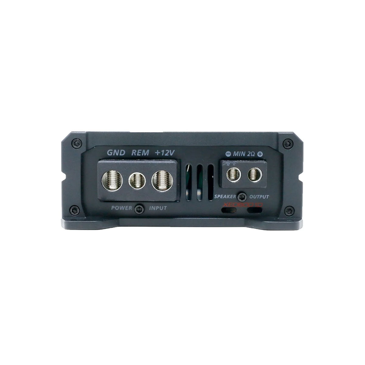 The XED6001D from the XED Series is a black Class D amplifier featuring clearly labeled connection ports: "GND," "REM," "+12V" for power input, and "MIN 2Ω" for output. It includes three circular terminals on the left and two rectangular ones on the right, with separate sections for power, input, and output.