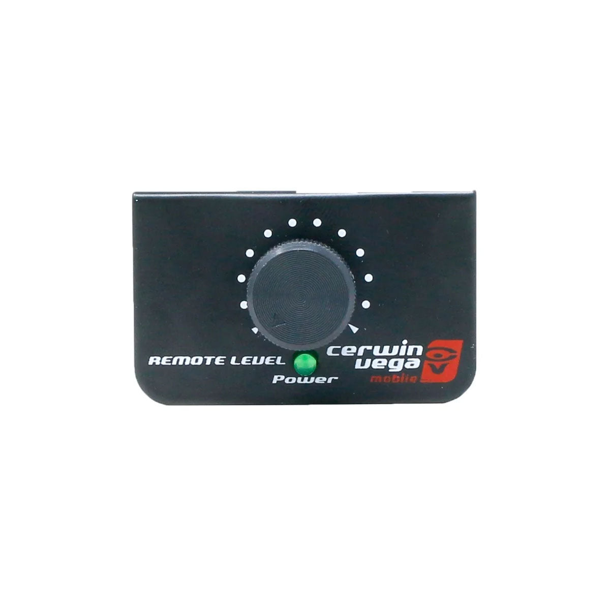 The black remote level controller for the XED6001D amp features a central dial with white markings, "REMOTE LEVEL," "Power," and "cerwin vega mobile" in white text, a green light below, and the cerwin vega logo on the lower right—ideal for car audio setups.