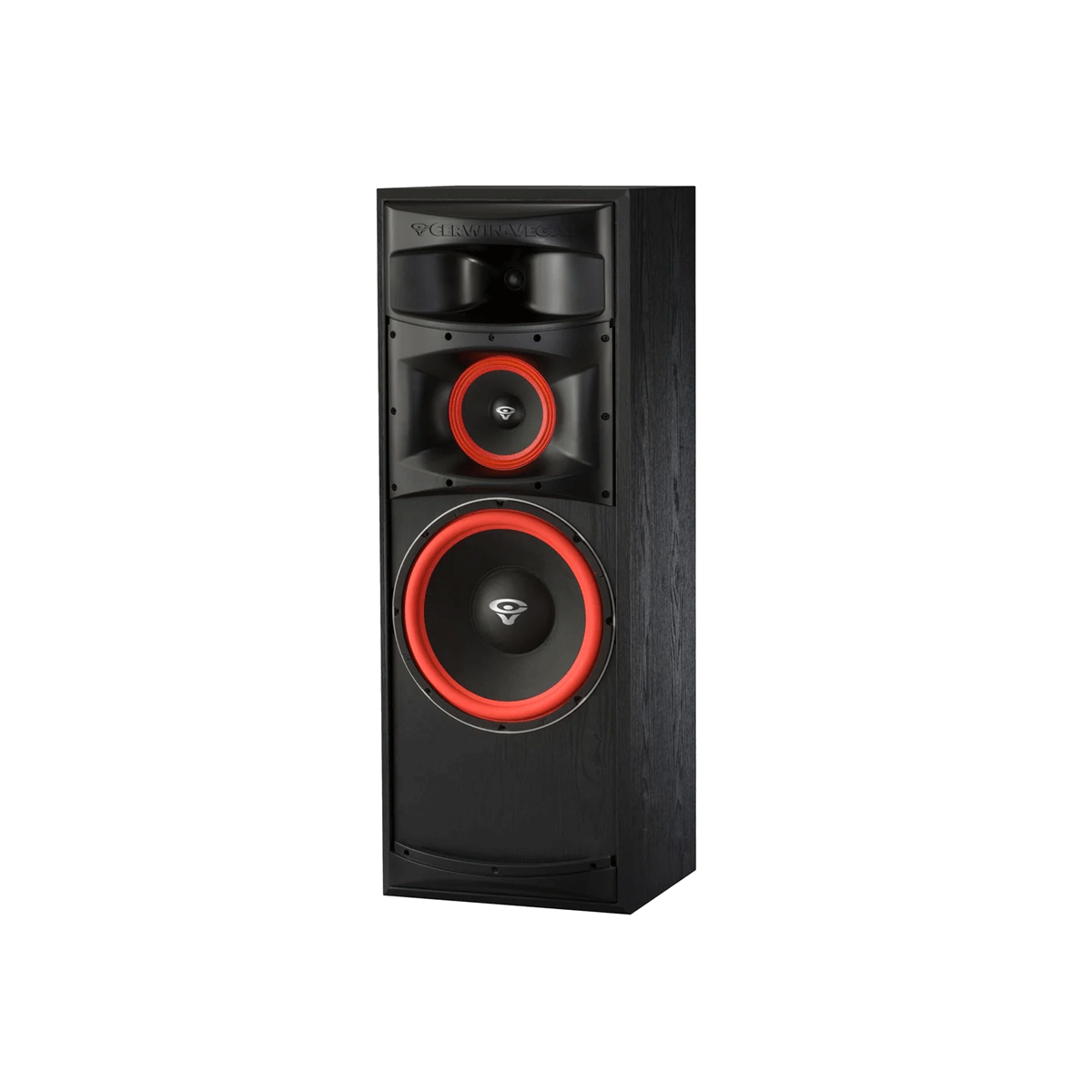 The Cerwin Vega XLS Series 12" 3-Way Floor Speaker (XLS-12) is tall, black, and floor-standing, boasting a modern design. It features two large red-rimmed circular drivers and a central tweeter in a sleek wood-textured cabinet with the brand logo at the top.