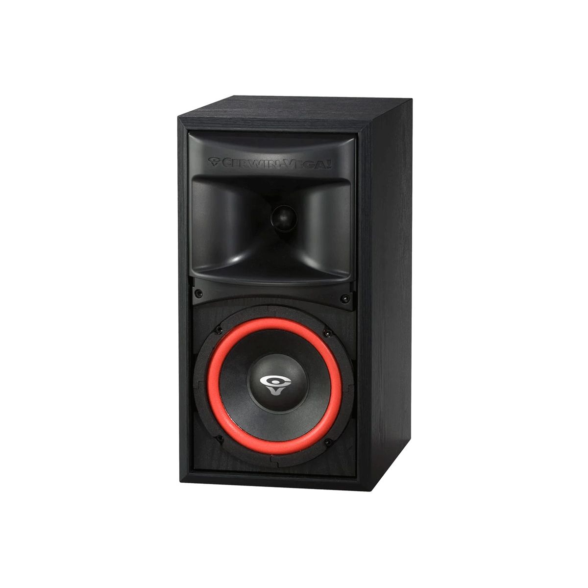 The XLS Series 6.5" 2-Way Bookshelf Speaker features a black rectangular design with a red-rimmed circular cone at the bottom and a horn-style tweeter above. A matte finish and logo complete the look of this single bookshelf speaker, model XLS-6.
