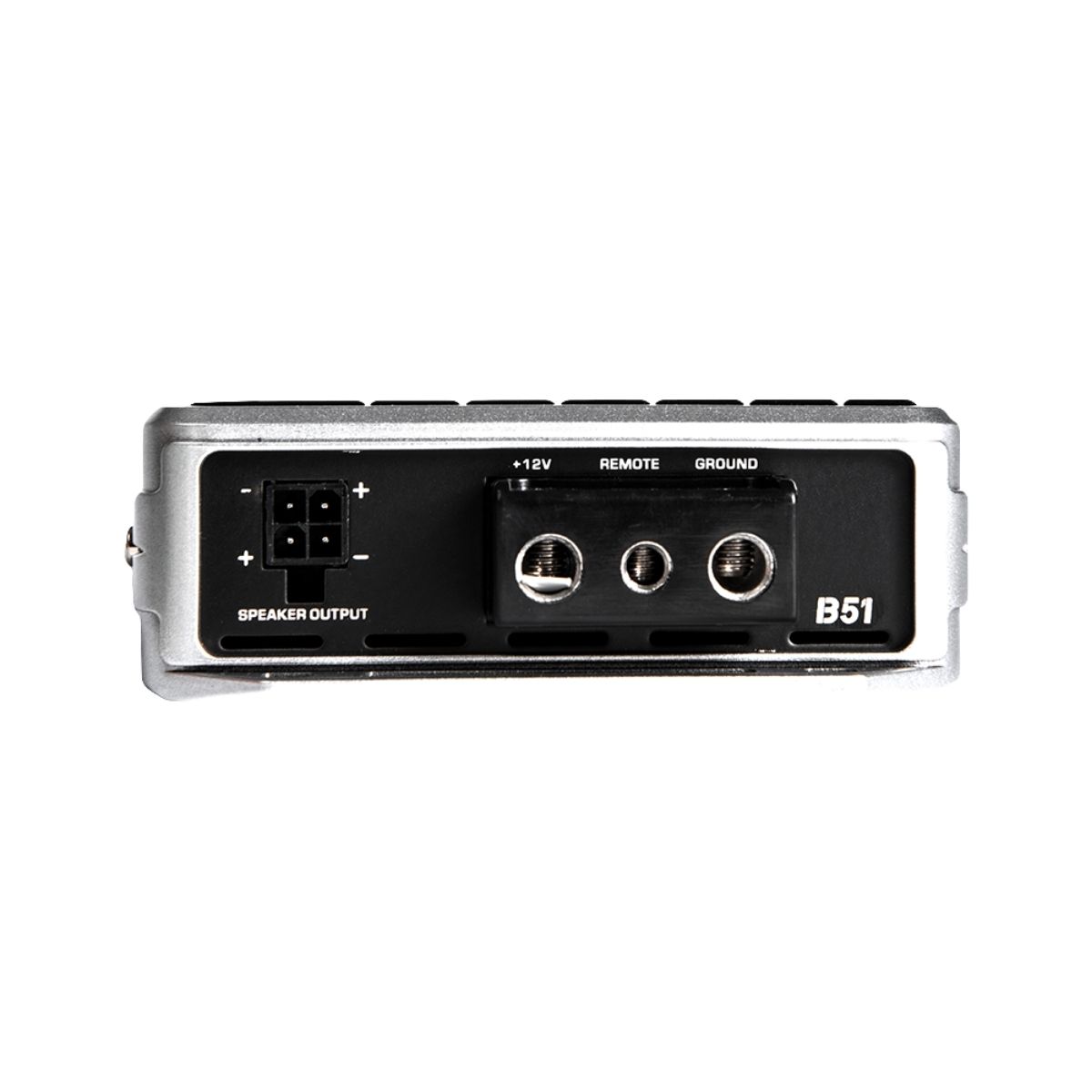 The Cerwin Vega Stealth Bomber Mono Digital Amplifier-B51 features a class D IR chipset, four-pin speaker output on the left, central ports labeled "+12V," "Remote," and "Ground," with a textured edge design for high-efficiency full-range digital performance.