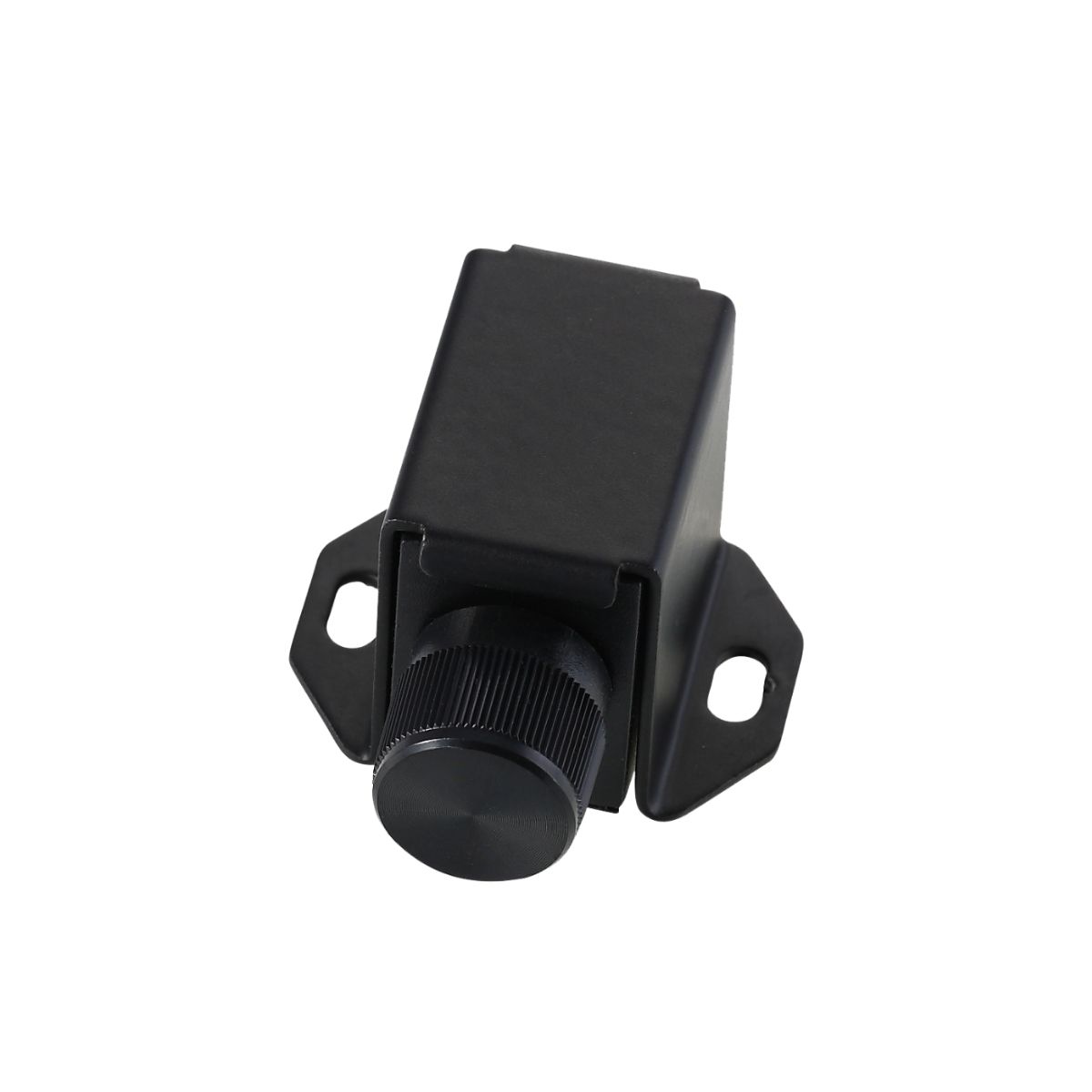 A black, rectangular Cerwin Vega Stealth Bomber Mono Digital Amplifier-B51 resembles an electronic component with a large circular knob and two flat, perforated mounting wings, set on a plain white background. Its smooth texture casts visible shadows beneath.