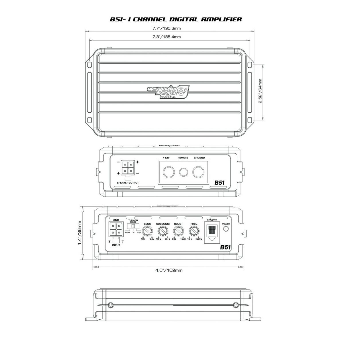 The technical diagram of Cerwin Vega's Stealth Bomber Mono Digital Amplifier-B51 showcases a class D IR chipset and high-efficiency full-range digital topology with dimensions 7.7" x 4.0" x 1.6", featuring front, top, and side views with labeled connection ports on a clean white background.