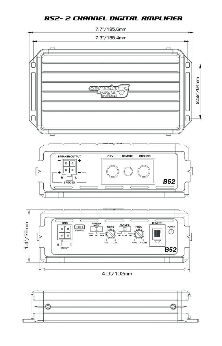 The diagram features the Stealth Bomber Class-D 2 Channel Digital Amplifier-B52, showcasing a top view with dimensions of 7.7" x 3.5". Side views display connection ports, dials, and labeled sections for breaker output, power, remote, and ground. Bottom view highlights ports and modes with measurements in inches and mm.
