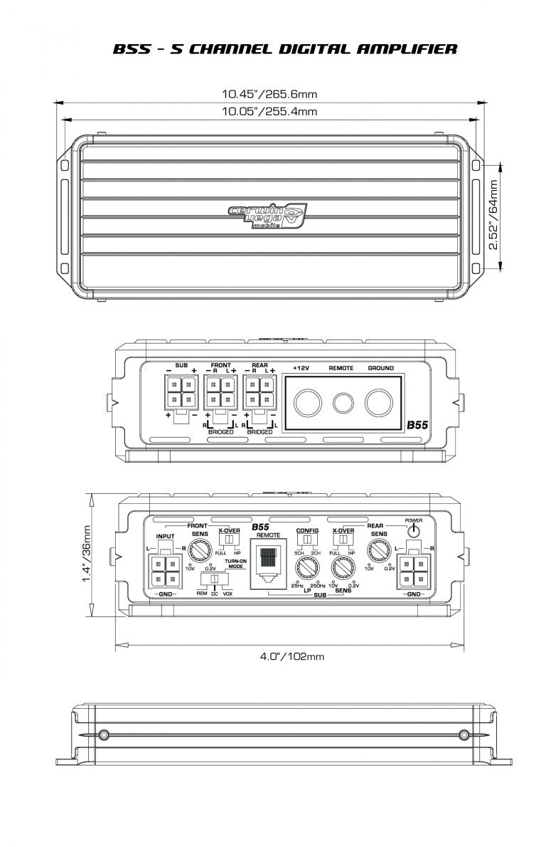 The Stealth Bomber Class-D 5 Channel Digital Amplifier-B55 features a top view with dimensions of 10.45" x 5.67". The front displays the connection ports and controls, while the side reveals a depth of 4.0" with clearly labeled power, remote, and ground connections.