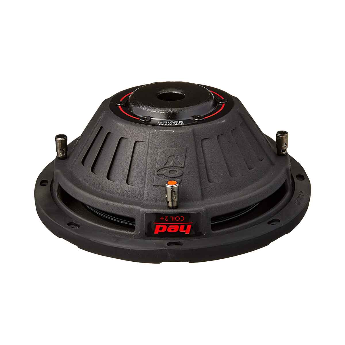 The HED Series 10" Shallow Dual Voice Coil Subwoofer (2Ω) - HS102D is a black and red round cone-shaped speaker featuring vertical ridges, metal terminals, "Red Coil 2+" text on the outer rim, and a small central opening surrounded by branding.