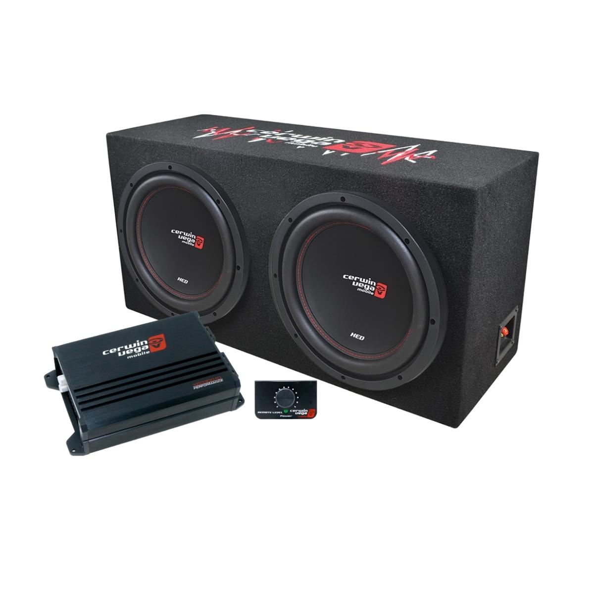 The Bass Package features a dual subwoofer setup enclosed in a black rectangular box with the red "Cerwin Vega" logo. An amplifier and small control knob are positioned beside it, designed to enhance the vehicle's audio performance.