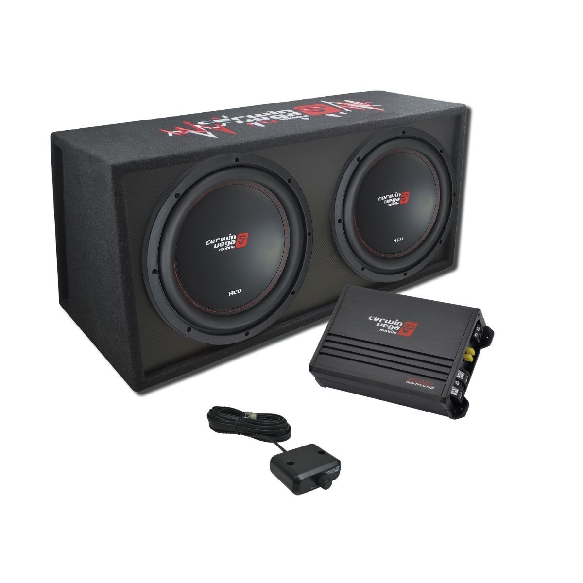 The Bass Package includes a rectangular dual subwoofer enclosure with two black "Cerwin-Vega HED" subwoofers, red branding on top and side, a separate black amplifier, and a remote control with cable.