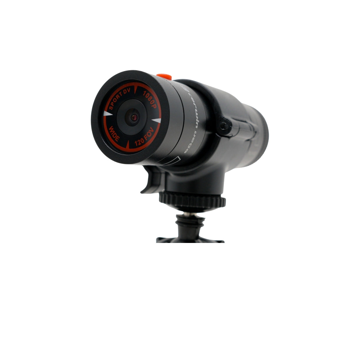 The C400 Powersport Action Camera, cylindrical and black, is mounted on a pivoting bracket. It features a lens surrounded by a red and black ring with text. The camera body has buttons and a small knob for recording high-definition videos. It's angled upward, highlighting its compact design against white.