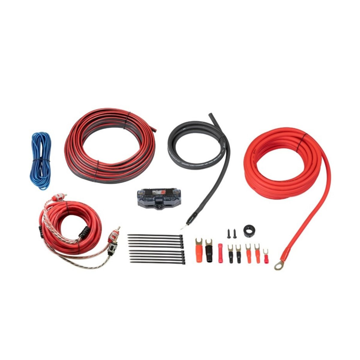 Amp Kits are displayed on a white surface, featuring various coiled cables in red, black, and blue. Also included are a circuit breaker, cable ties, connectors, and terminals. Each item is neatly arranged to showcase essential components for electrical installations.