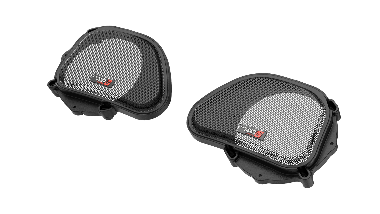 The 1998-2013 Harley Davidson® Road Glide fairing speaker grills, featuring black and gray mesh with Cerwin Vega logos at the bottom left, exude a sleek, modern touch. Their sturdy frame and fine mesh safeguard inner components against a white background.