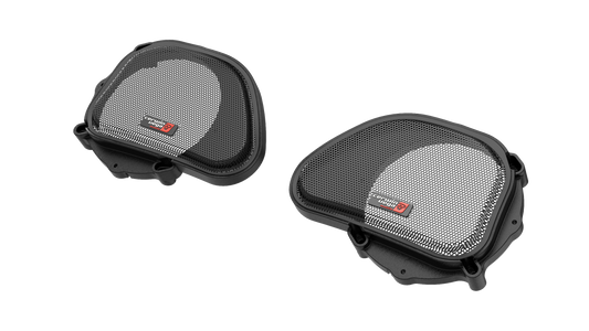 The 1998-2013 Harley Davidson® Road Glide fairing speaker grills, featuring black and gray mesh with Cerwin Vega logos at the bottom left, exude a sleek, modern touch. Their sturdy frame and fine mesh safeguard inner components against a white background.