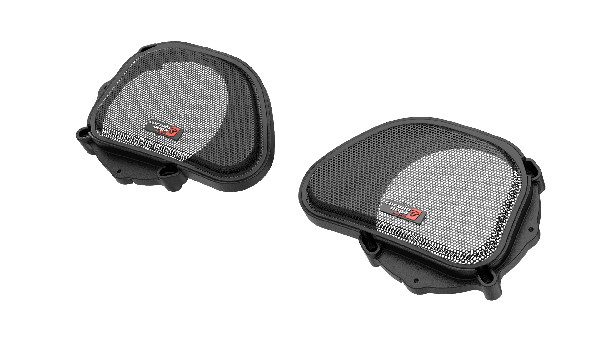 Two black Harley Davidson Grills with a mesh covering and a red stylized "B" logo. Featuring contoured edges for mounting, they are angled against a white background to highlight their design and structure.