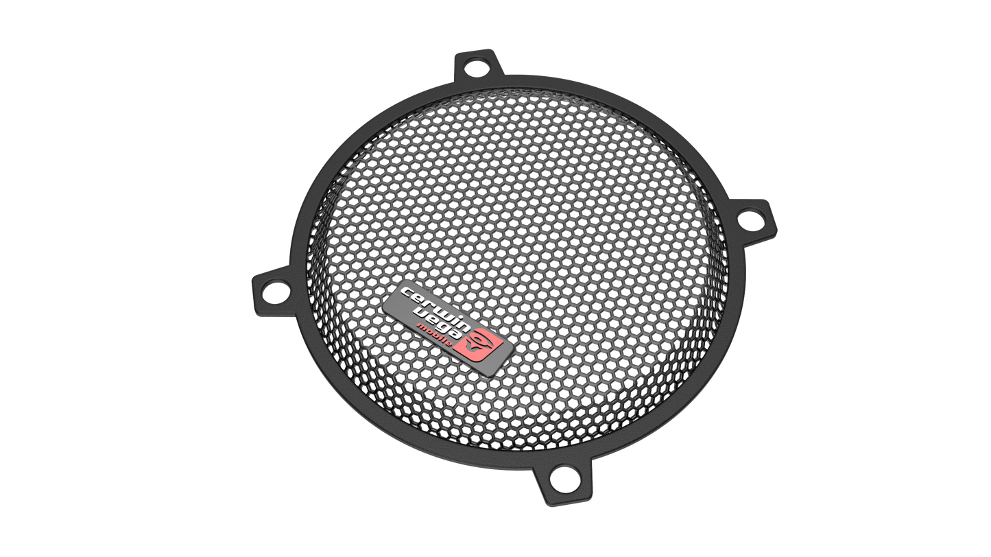 A circular black speaker grille with a fine mesh pattern features a "Crunch USA" logo on a small metal plate, ideal for 1998-2013 Harley Davidson® Street Glide models. It has three mounting tabs and is shown against a plain white background.