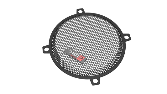 A circular black speaker grille with a fine mesh pattern features a "Crunch USA" logo on a small metal plate, ideal for 1998-2013 Harley Davidson® Street Glide models. It has three mounting tabs and is shown against a plain white background.