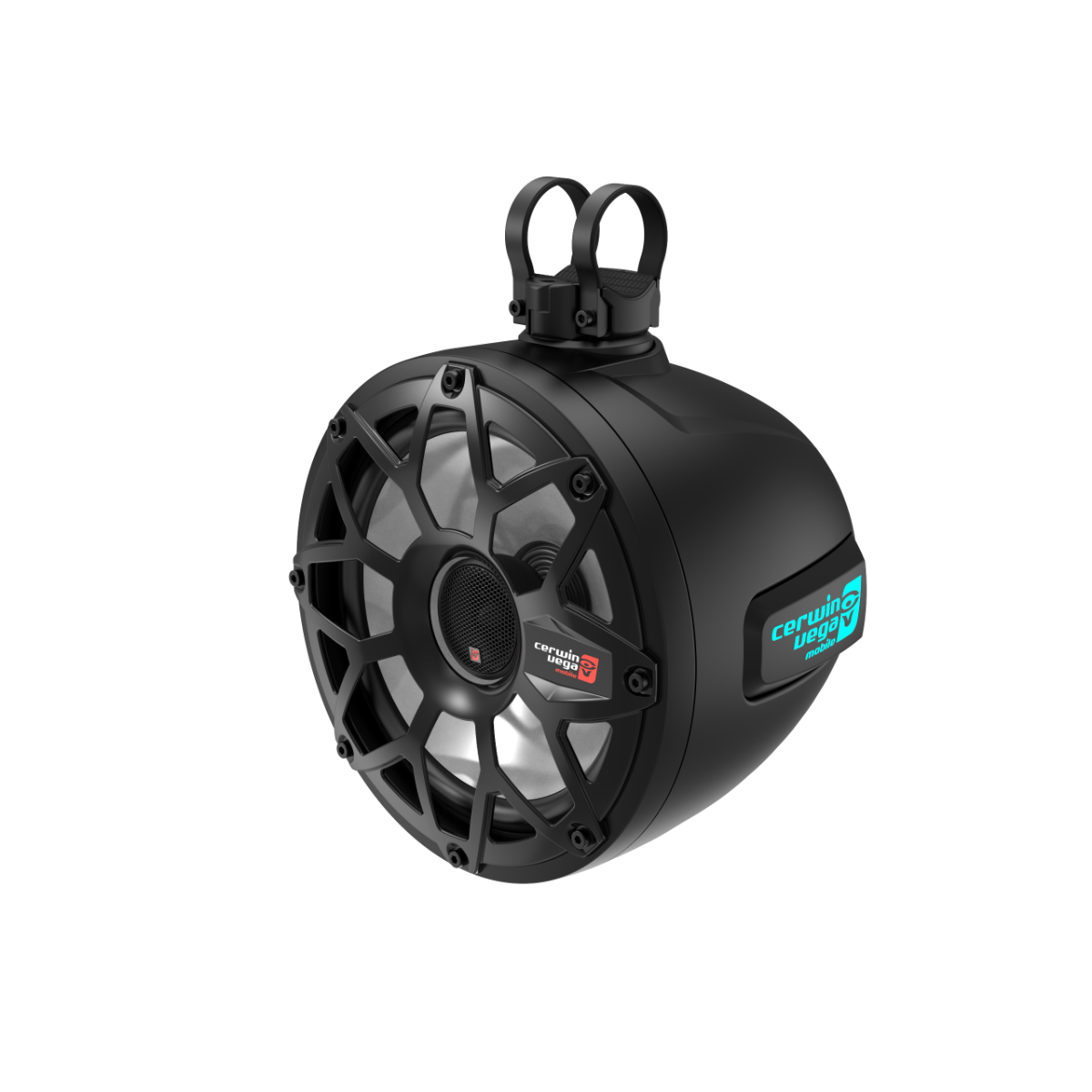 The black, cylindrical marine-grade SH10F4B speaker boasts a rugged exterior and visible silver grill with mounting hardware, featuring the "Cerwin-Vega" logo. It's designed for high-performance audio in marine settings as part of the 2-Way 10" RPM Stroker Pod Speaker System.