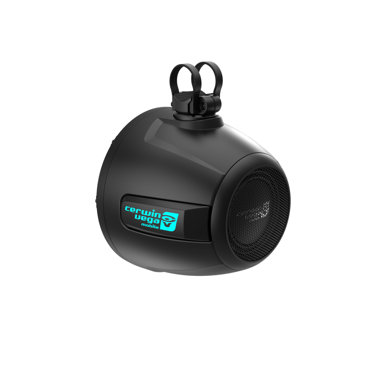 The black, oval-shaped 2-Way 10" RPM Stroker Pod Speaker System (Pair) - Black - SH10F4B features a waterproof design, matte finish, front grille, and glowing blue "Cerwin Vega mobile" logo. Its compact build and high-performance audio are perfect for outdoor and vehicle use.