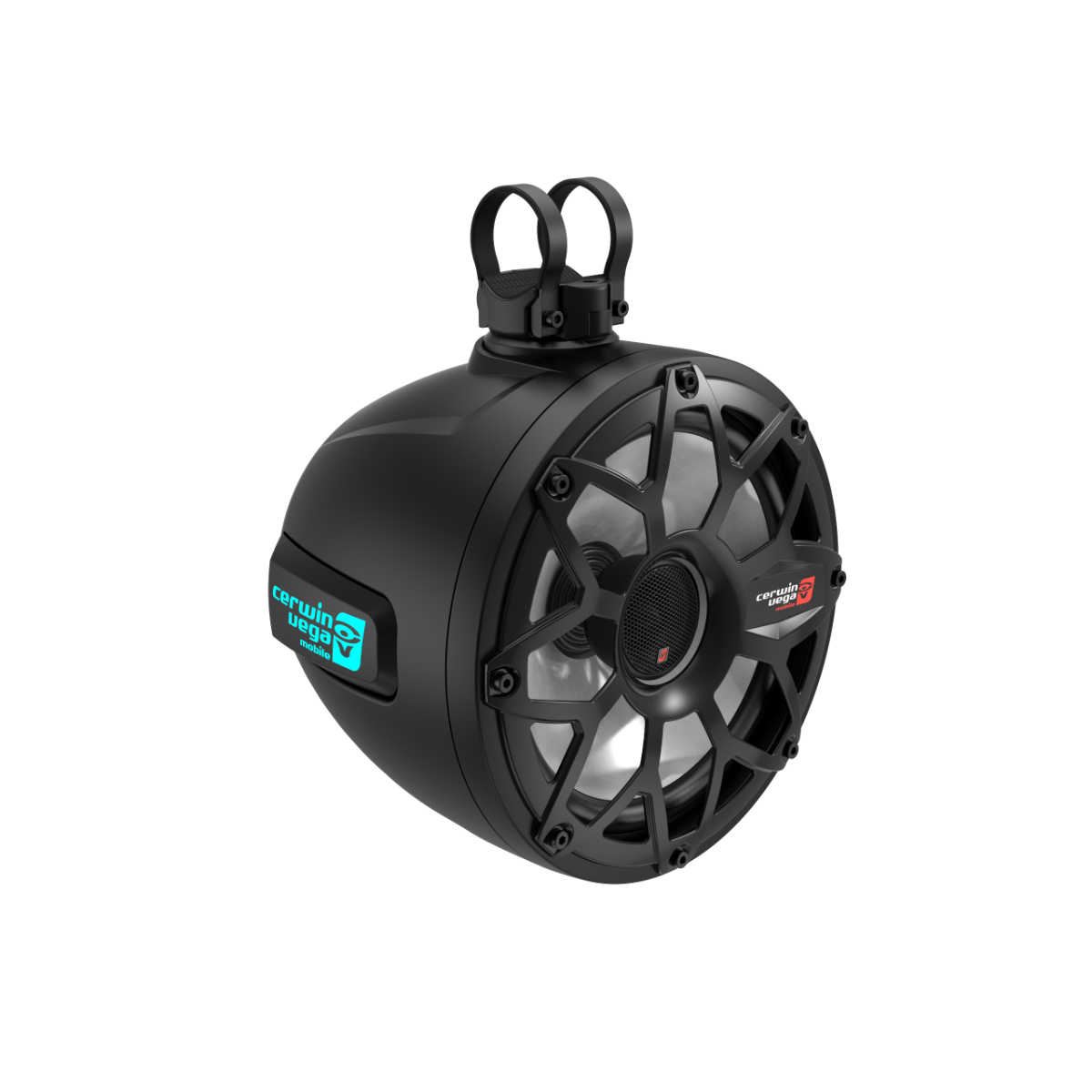 The 2-Way 10" RPM Stroker Pod Speaker System (Pair) - Black - SH10F4B features a sleek black aerodynamic design, a prominent blue logo, and marine-grade metal grille. Dual mounting brackets ensure high-performance audio, while a smooth matte finish and bolt details add to its modern aesthetic.
