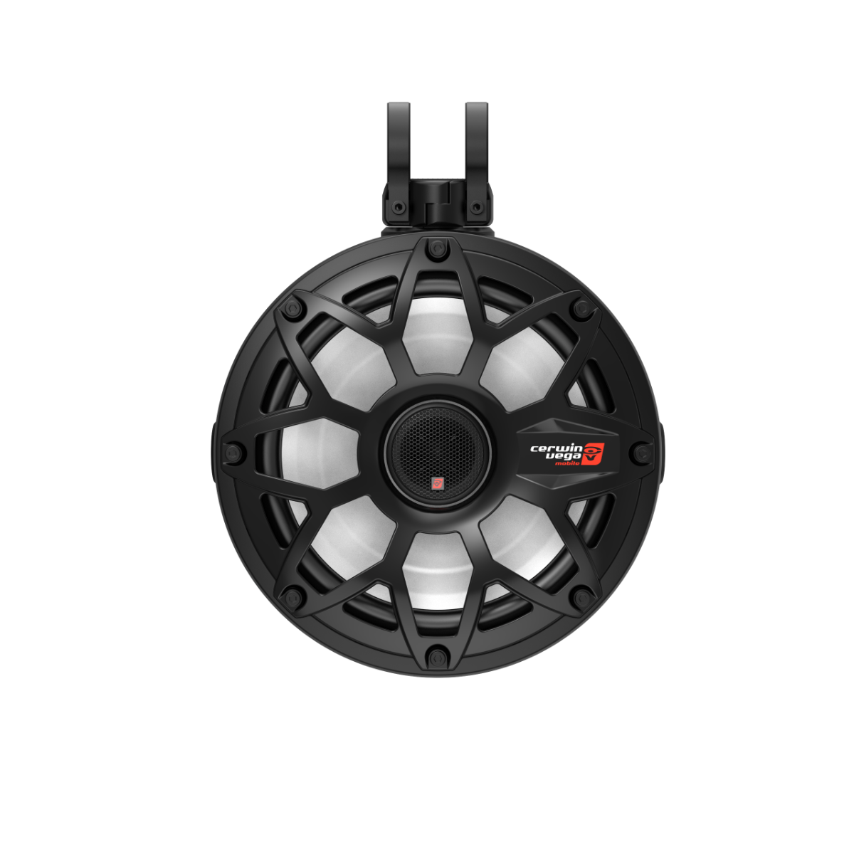 The 2-Way 10" RPM Stroker Pod Speaker System (SH10F4B) has black circular speakers with high-performance audio, a robust spoke-like grille, and a silver central cone. It includes a top hanging mount, with the brand name and logo on the right side for an industrial charm against a white background.