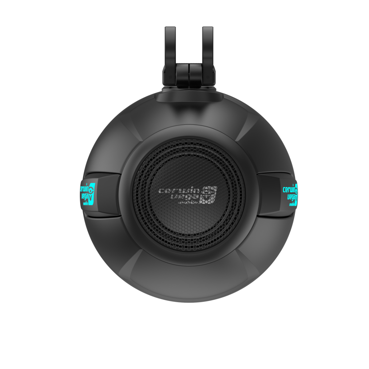 Top view of a black 2-Way 10" RPM Stroker Pod Speaker System (Pair) - Black - SH10F4B. "Cerulean Gamer" in light blue adorns both earcups, showcasing high-performance audio. The central speaker area features intricate detailing, with adjustable hinges for a customizable fit.