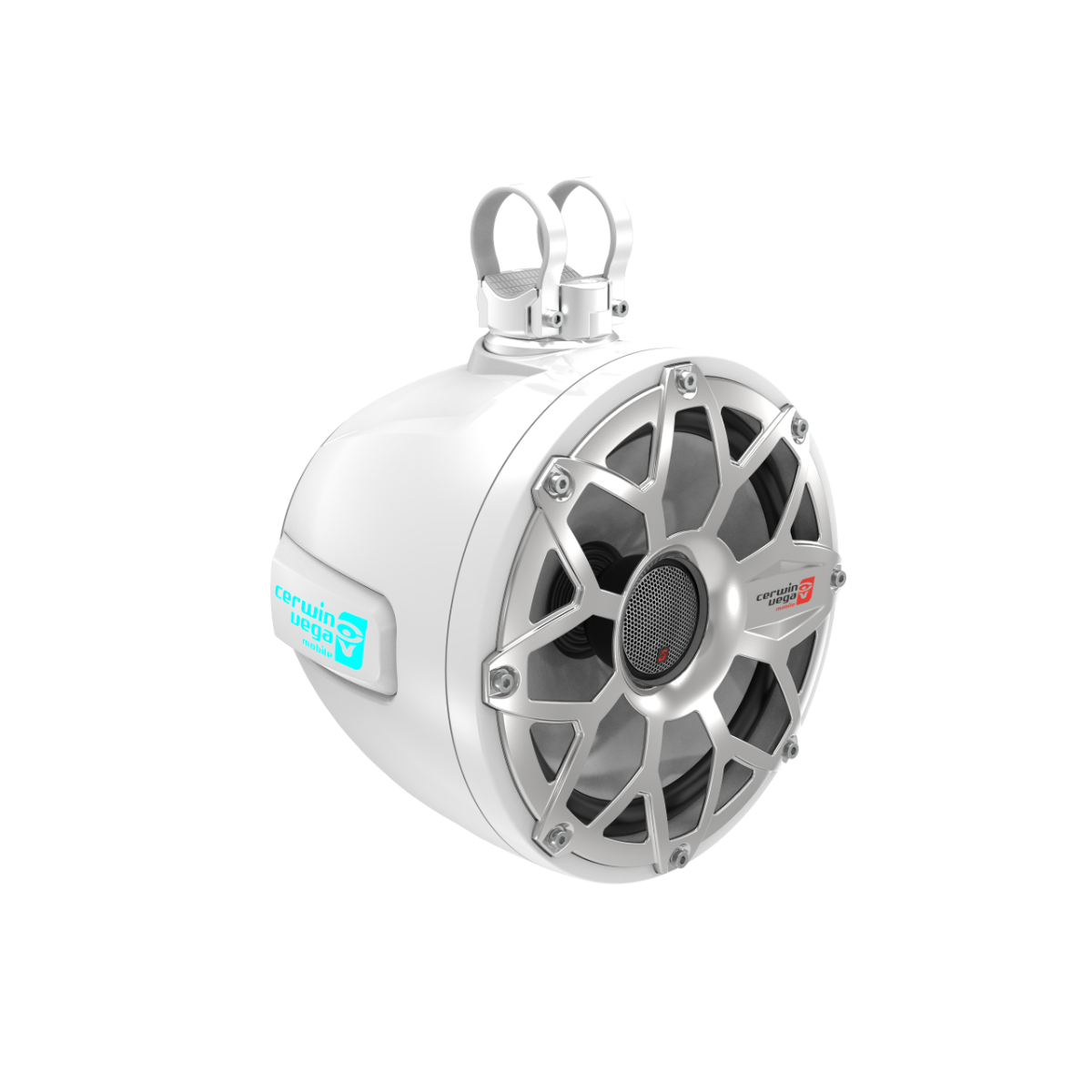 A high-performance 10" RPM Stroker Pod Speaker with a circular design features a metallic grille with the Wet Sounds logo. Silver clamps mount it above, and a small blue "Revolution Series" label identifies it as part of the RPM Stroker 2-Way Speaker System - SH10F4W.