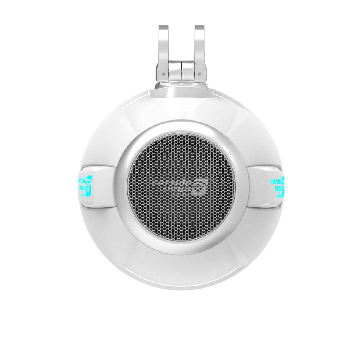The RPM Stroker 2-Way 10" Pod Speaker System (SH10F4W) features a white spherical design with a black mesh grill, two adjustable mounting hinges, blue LED indicators, and a glossy marine-grade finish for high-performance audio.