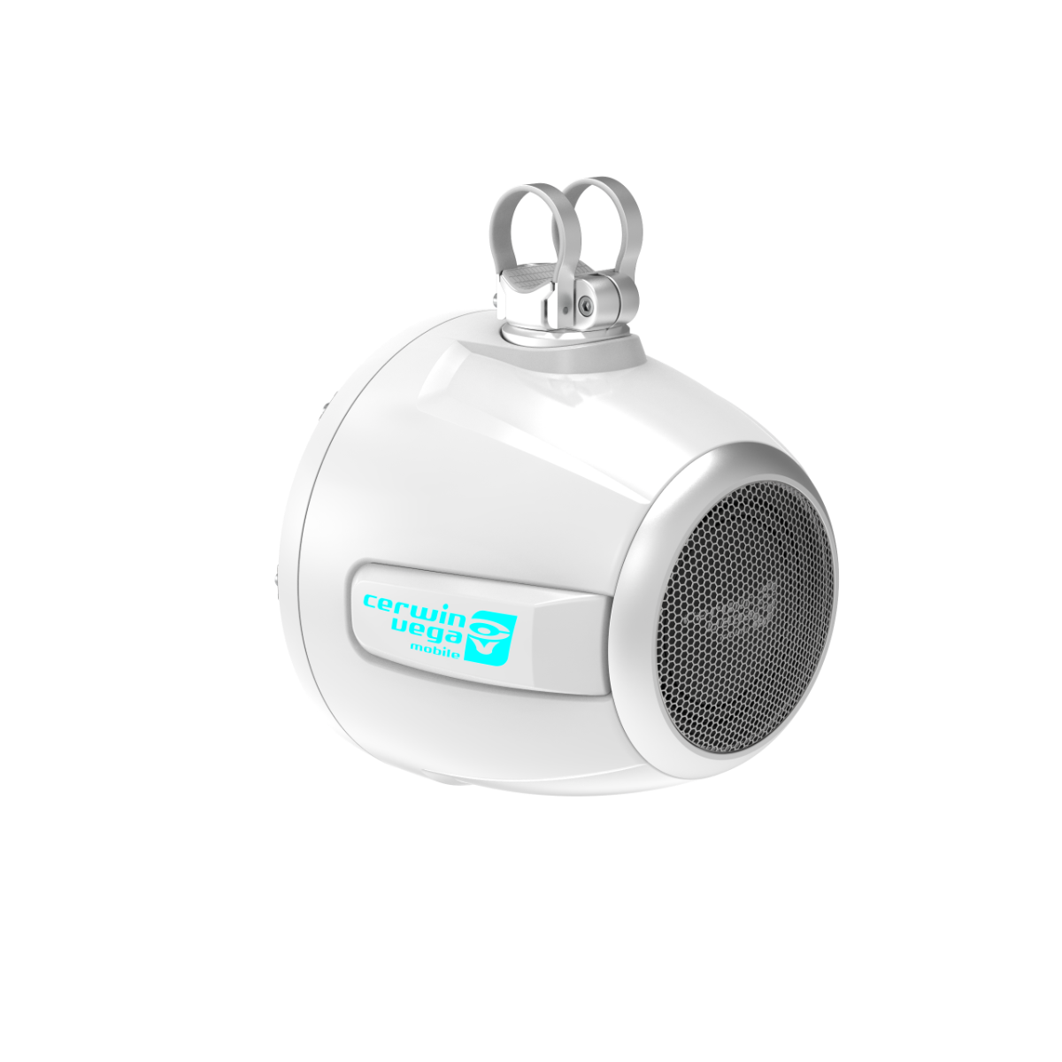 The RPM Stroker 2-Way 10" Pod Speaker System offers a sleek white, oval-shaped design with high-performance audio. It has a silver grill, turquoise logo on the side, and dual metallic mounting brackets for flexible installation.