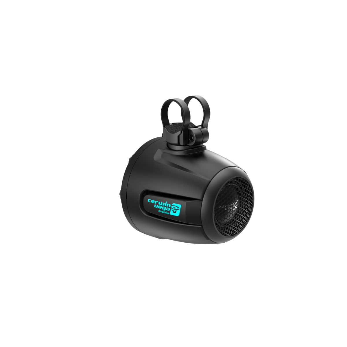 The RPM Stroker 2-Way 6.5" Pod Speaker System (SH65F4B) is a sleek, compact black audio system with futuristic design, a circular speaker grill, and side digital display. It features a dual ring mounting bracket for versatile attachment to various surfaces.