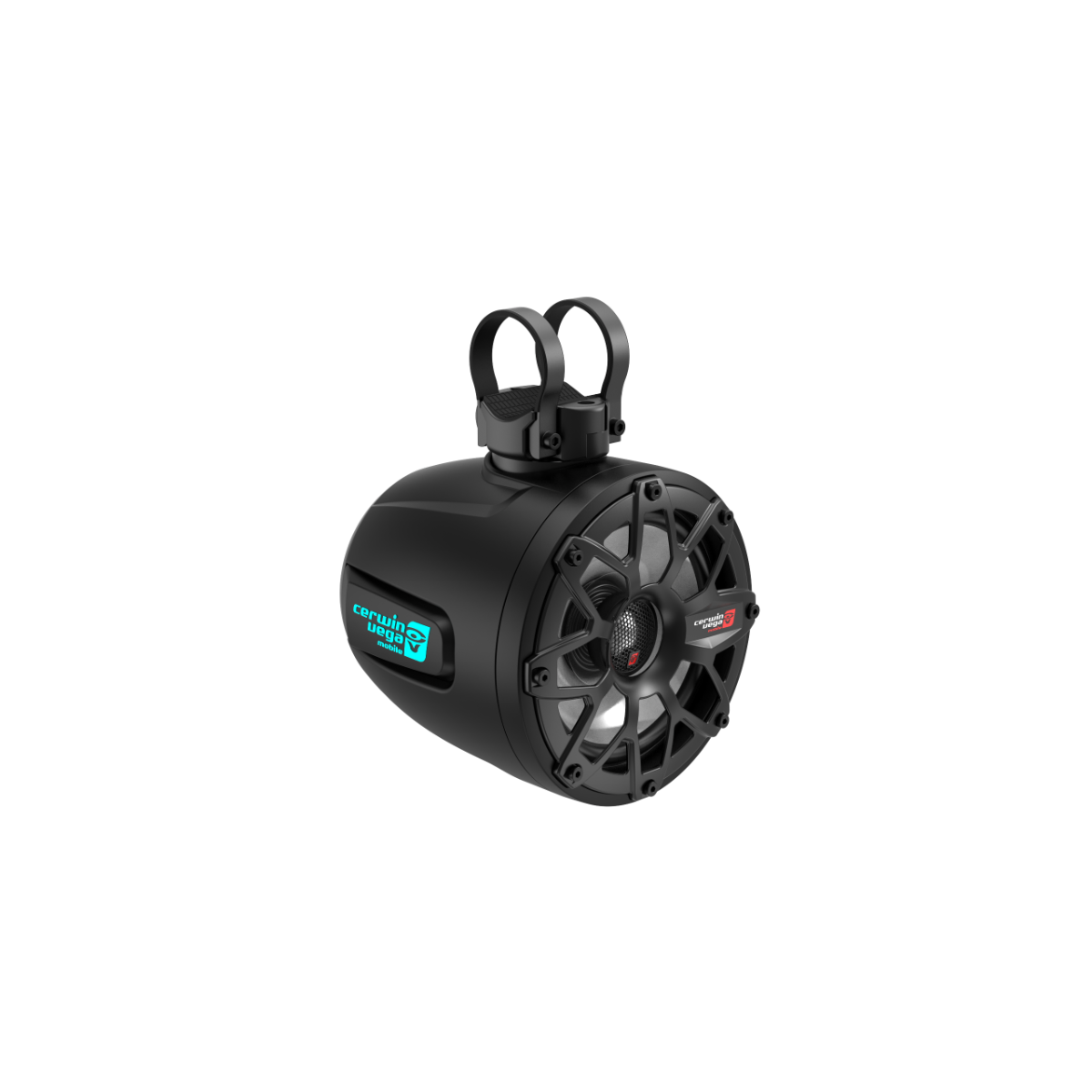 The RPM Stroker 2-Way 6.5" Pod Speaker System (Pair) - Black - SH65F4B is a sleek, compact coaxial speaker with high-performance audio capabilities, a sturdy mounting bracket, and visible brand logo. Its modern design includes a radial-pattern grill that partially reveals internal components.