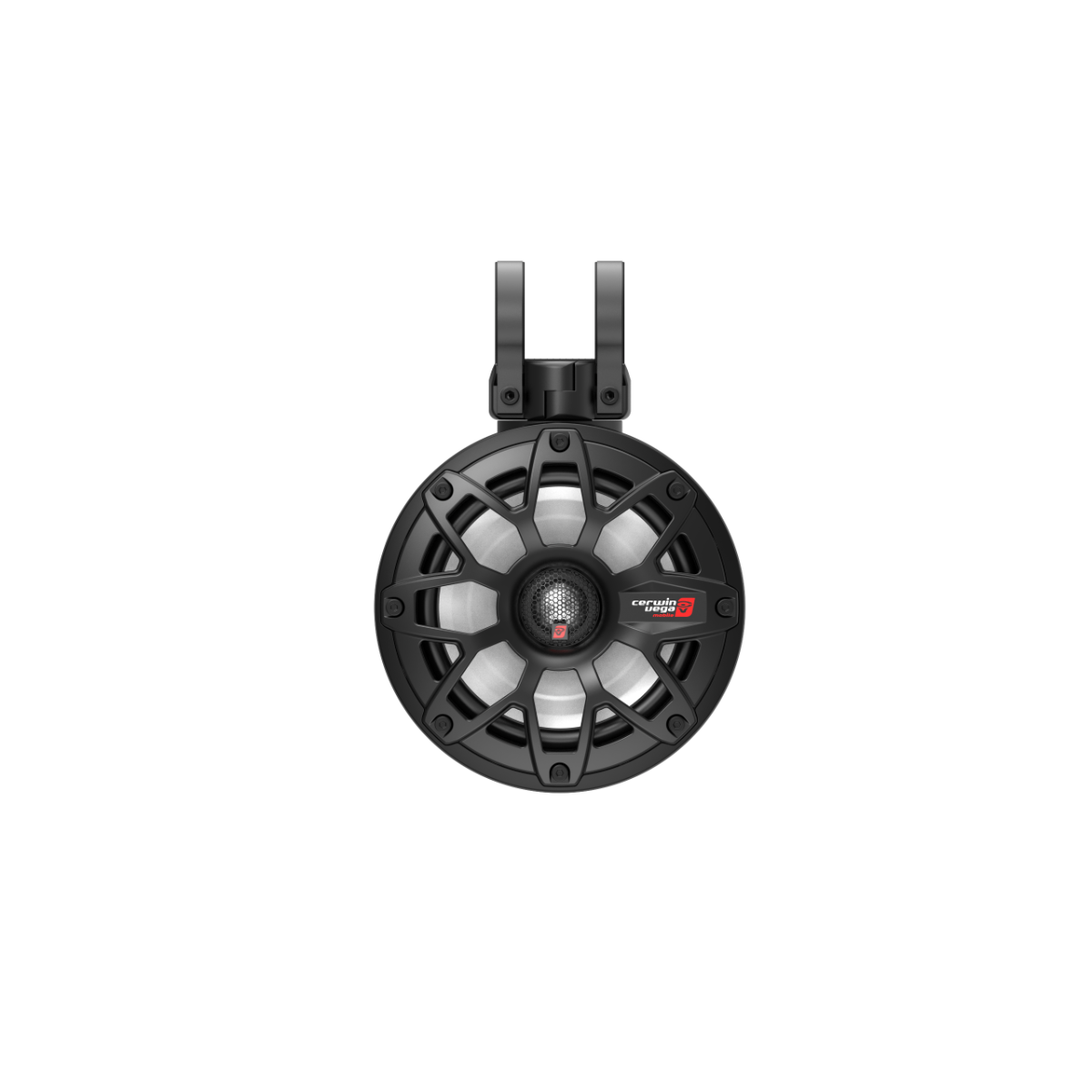 Front view of the black RPM Stroker 2-Way 6.5" Pod Speaker System (Pair) - SH65F4B showcases its circular design with a black frame, metallic mesh grille, and central logo. This marine-grade audio system is mountable with a visible top bracket for durability and performance excellence.