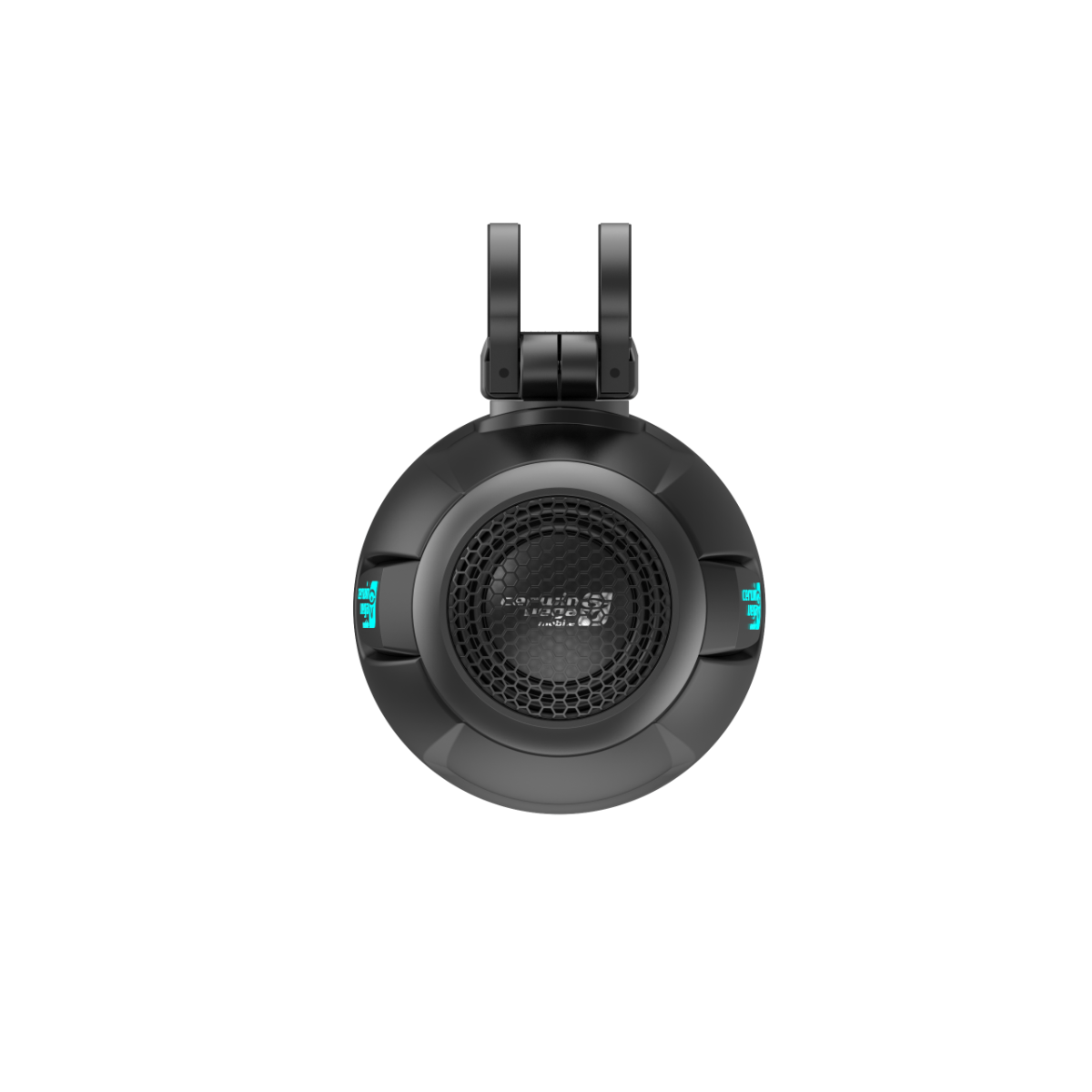 With a sleek, round design visible from the side, the black RPM Stroker 2-Way 6.5" Pod Speaker System (Pair) SH65F4B features mesh speaker grills and an adjustable headband with hinges. Subtle turquoise accents enhance its modern audio aesthetic.