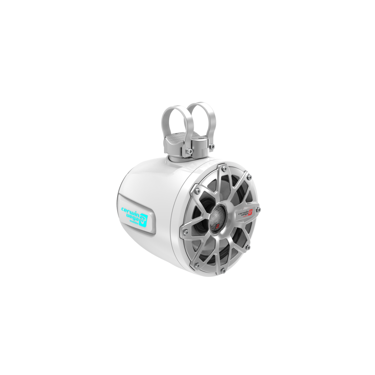 The RPM Stroker 2-Way 6.5" Pod Speaker System (Pair) - White - SH65F4W features a cylindrical design with a metallic grille, dual silver mounting brackets, and a blue logo. It promises high-performance audio, durability, and weather resistance for outdoor use.