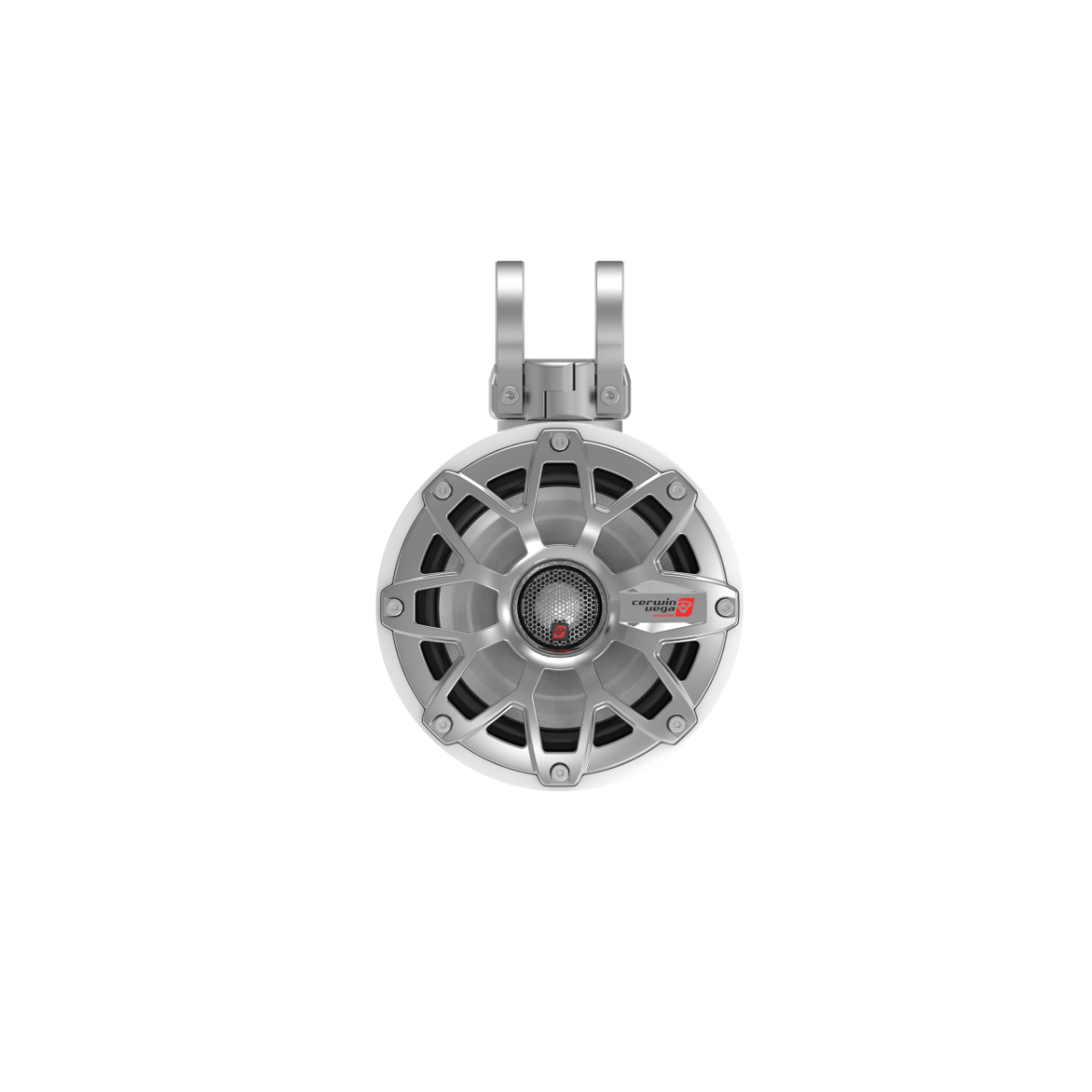 The RPM Stroker 2-Way 6.5" Pod Speaker System (Pair) - White - SH65F4W is a cylindrical marvel with six spokes around a central mesh, featuring a top handle for easy mounting and displaying a red logo on its sleek black front.